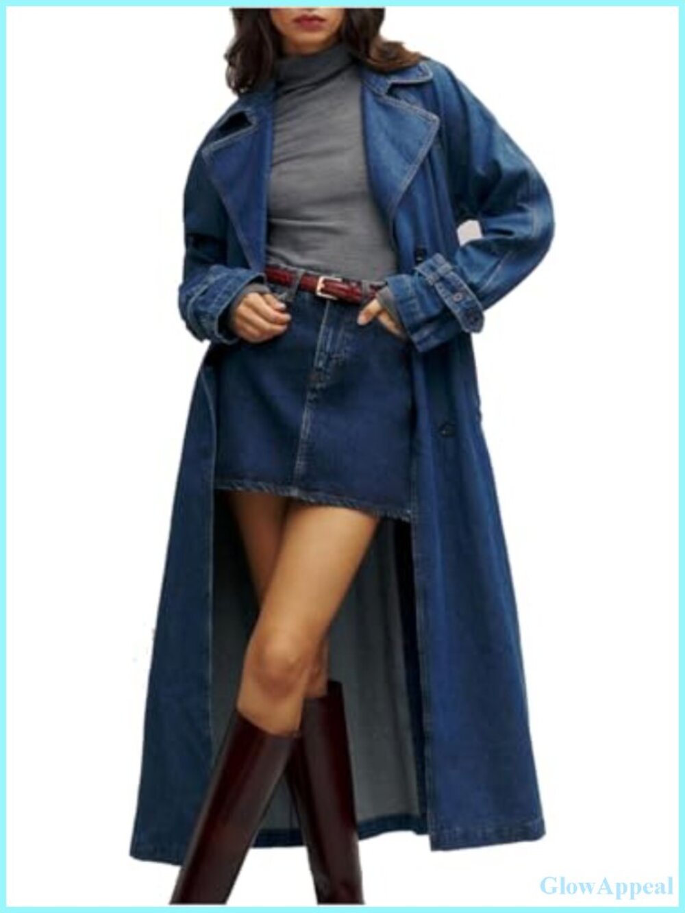 Women's Denim Trench Coat Long Midi Double-Breasted Jacket